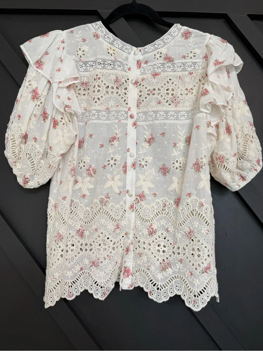 LoveShackFancy Tilda Top in French Cream/Pink Floral, Size Small
